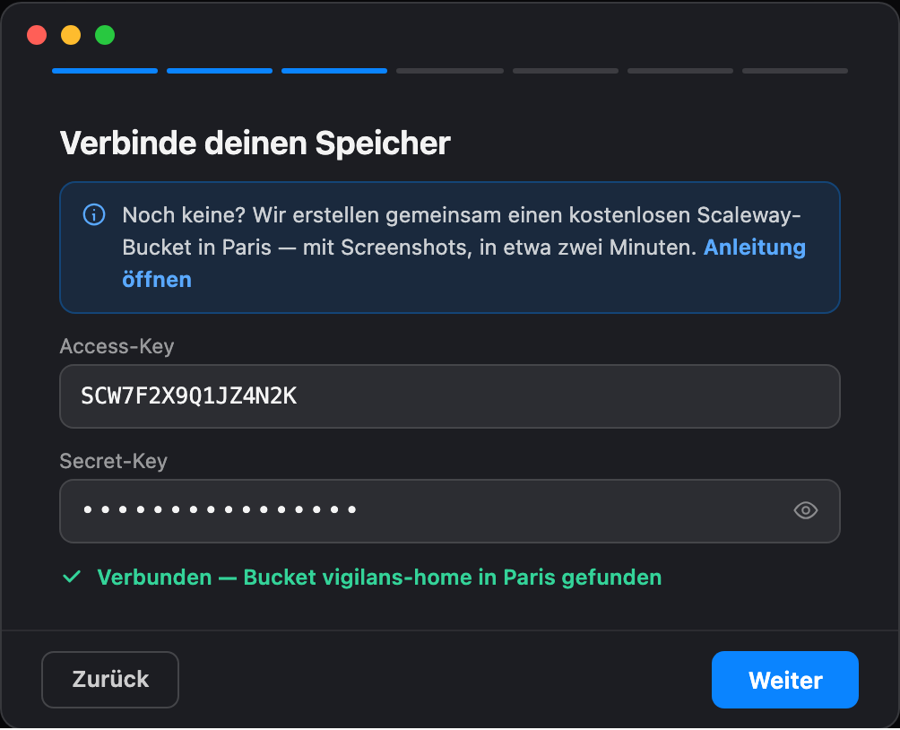 Einrichtungsschritt: Speicher verbinden, mit Feldern für Access- und Secret-Key und einer Bestätigung, dass der Bucket in Paris gefunden wurde
