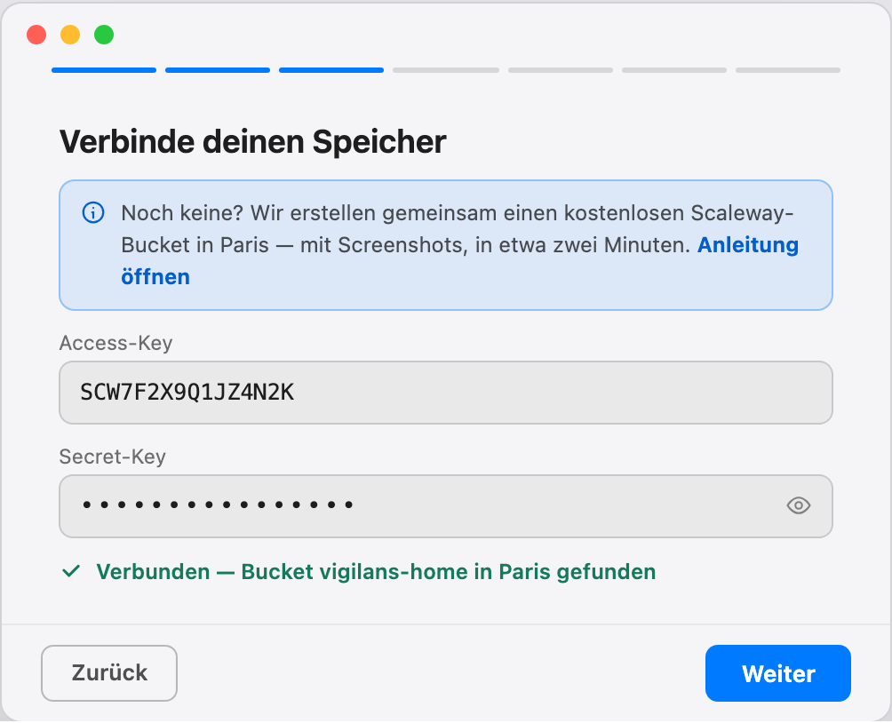 Einrichtungsschritt: Speicher verbinden, mit Feldern für Access- und Secret-Key und einer Bestätigung, dass der Bucket in Paris gefunden wurde