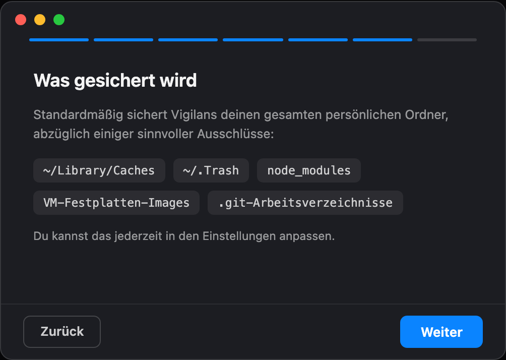 Einrichtungsschritt: Was gesichert wird, mit Standard-Ausschlüssen wie Caches, Papierkorb und node_modules