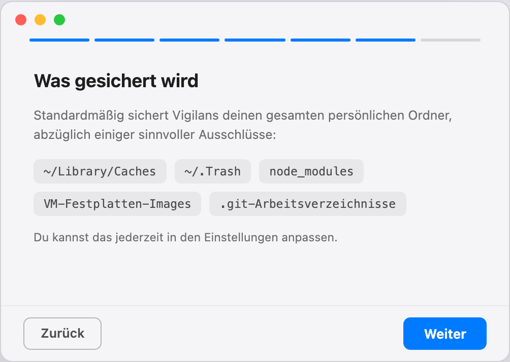 Einrichtungsschritt: Was gesichert wird, mit Standard-Ausschlüssen wie Caches, Papierkorb und node_modules