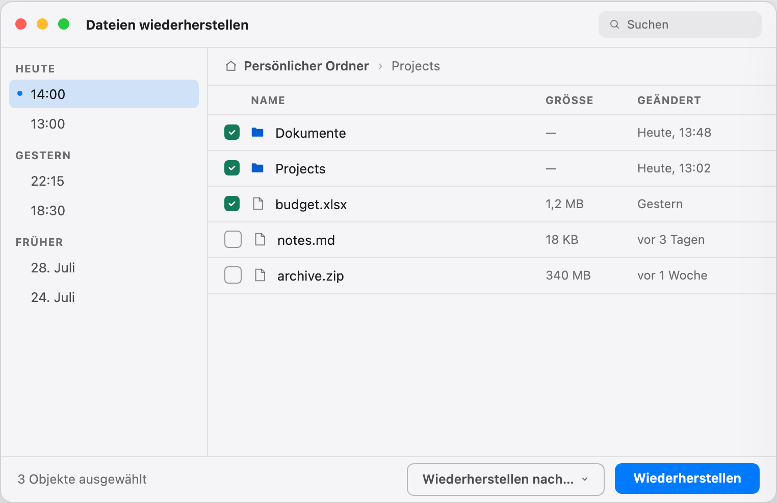 Das Vigilans-Wiederherstellungsfenster mit nach Tagen gruppierten Snapshots in einer Seitenleiste und einer Dateiliste mit Kontrollkästchen, drei Objekte zur Wiederherstellung ausgewählt
