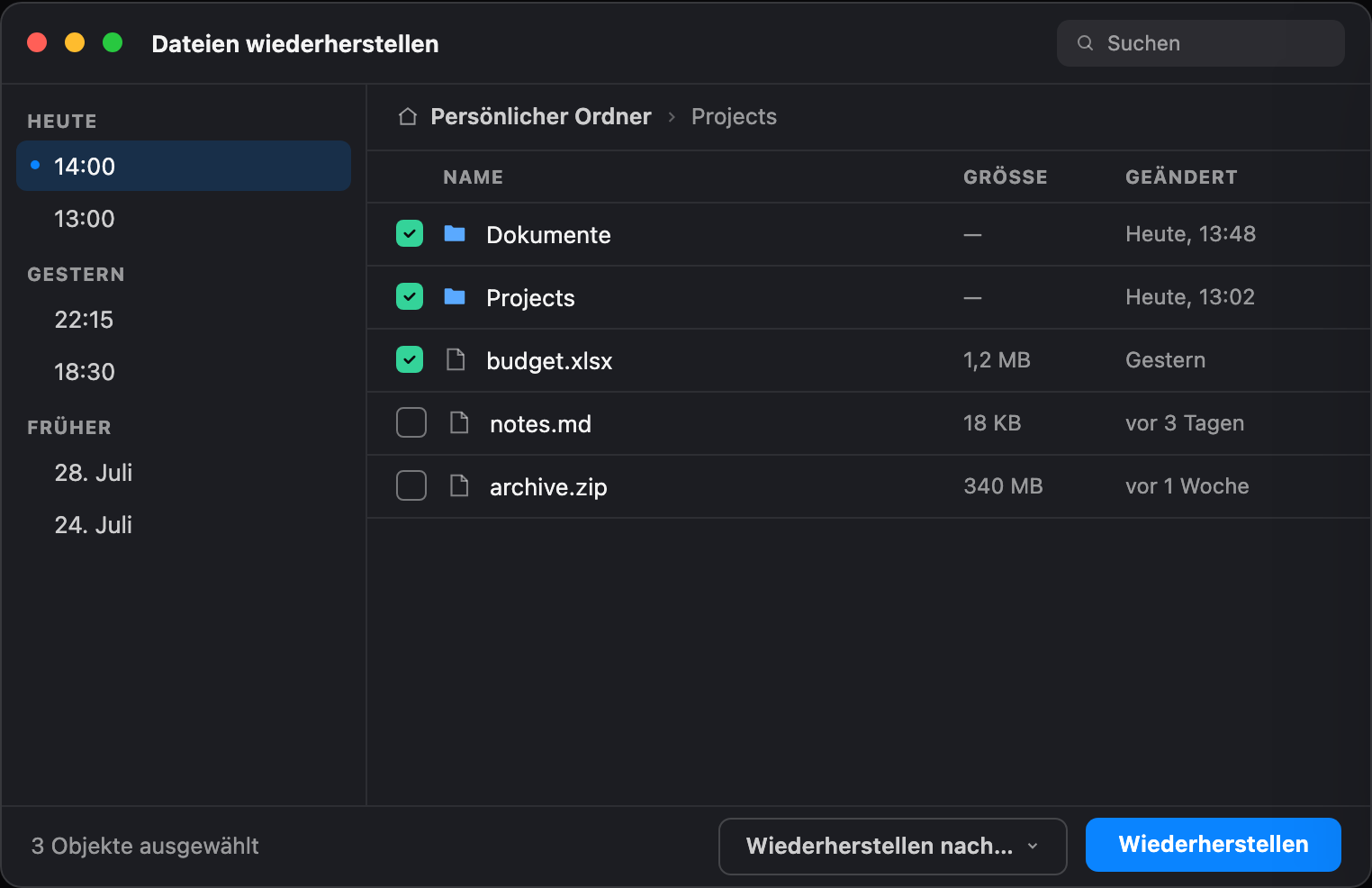 Das Vigilans-Wiederherstellungsfenster mit nach Tagen gruppierten Snapshots in einer Seitenleiste und einer Dateiliste mit Kontrollkästchen, drei Objekte zur Wiederherstellung ausgewählt